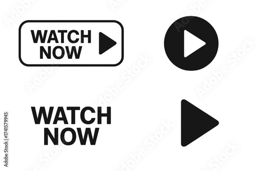 Watch Now video play button icon set, multimedia digital media marketing, streaming, click to play, outline and solid style, transparent background vector illustration
