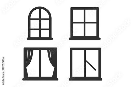 Window icon set for interior design. Vector illustration of four window styles including arched frame, classic pane, curtain window, and sliding window. Transparent background, ordered set.