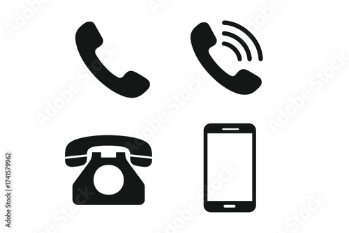 Phone icon vector set with mobile, smartphone, classic and calling telephone symbols, black simple silhouette collection, communication and connectivity concept illustrations
