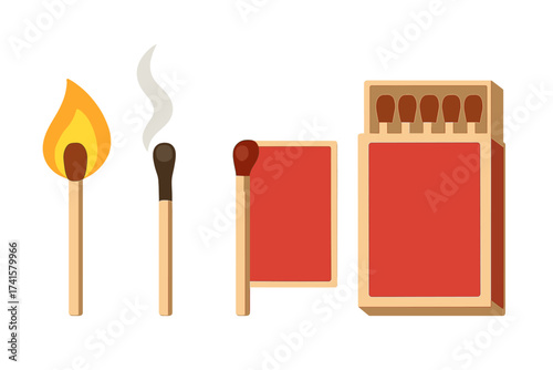 Realistic wooden matchstick set with burning flame, smoked burnt matchstick, red matchbox, and multiple matches vector illustration icon collection for fire concept