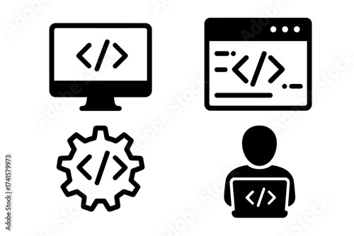 Programming development vector set with coding icons, software development symbols, computer screen, coding gear, browser code window, programmer and laptop isolated on white background