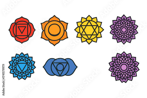 Colorful Seven Chakras Icon Set Muladhara Svadhisthana Manipura Anahata Vishuddha Ajna Sahasrara Symbols Energy Centers Yoga Meditation Buddhism Hinduism Vector Illustration