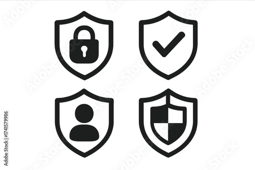 Security shield icons set with padlock, checkmark, user profile, and divided shield symbols, vector illustration for protection, privacy, safety, and cybersecurity concepts
