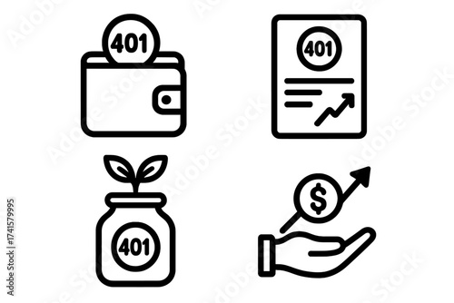 401k retirement savings plan vector icon set. Investing for the future, financial growth, and wealth management symbols. Pension fund contribution and investment portfolio icons.