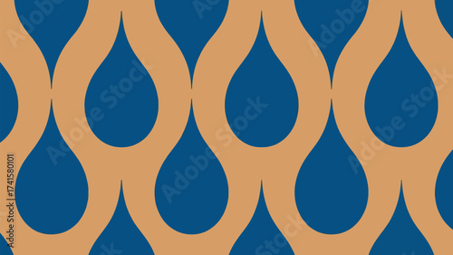 Elegant retro teardrop pattern in blue and gold for stunning interiors and textiles, perfect for adding a touch of vintage charm to your designs