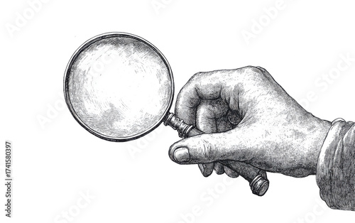 Engraved hand holding magnifying glass on white background.png
