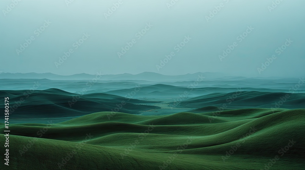 Obraz premium Minimalist square landscape with rolling green hills soft morning fog calm atmosphere perfect balance for