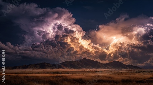 Epic landscape showing a massive thunderstorm over rolling plains lightning illuminating the scene