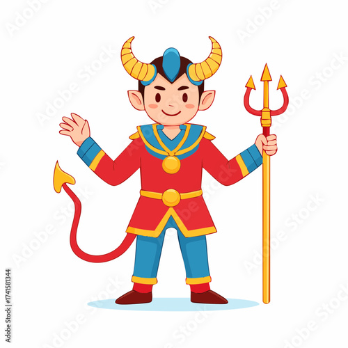 Smiling devil character with trident, isolated