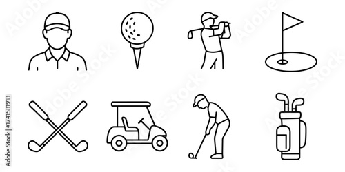 Line art golf icons set , golf player, golf tee, golf swing, golf hole, golf bag
