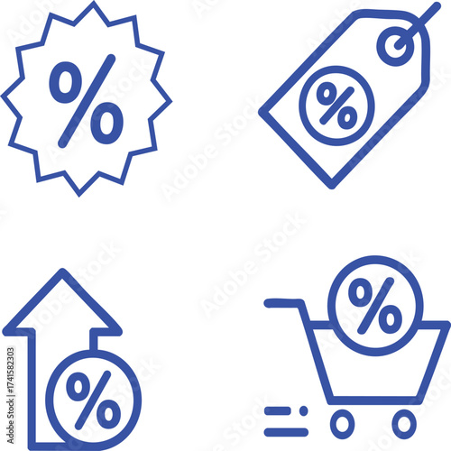 Collection of blue percentage icons including a starburst tag arrow and shopping cart symbol design