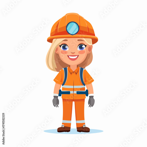 Female miner character with orange safety gear