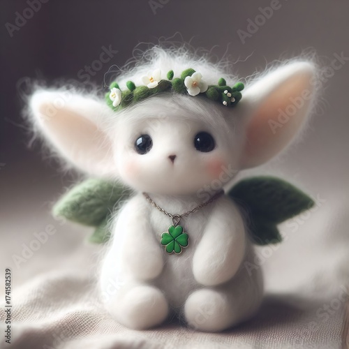 A fluffy ethereal creature with large captivating eyes and delicate green wings, wearing a flower crown and a clover necklace, sits peacefully on a soft textured fabric, radiating innocence. Felt art.
