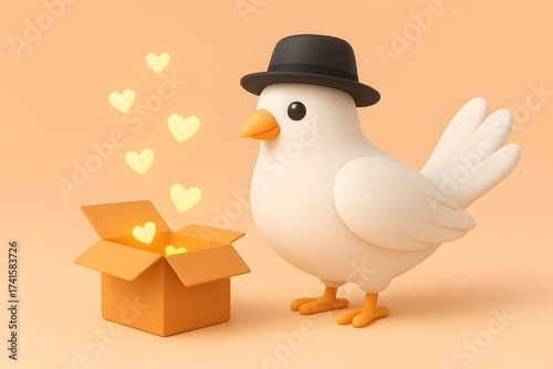 Love Gift: A cute cartoon bird wearing a hat next to an open gift box with glowing hearts flying out, symbolizing love, kindness, and surprise