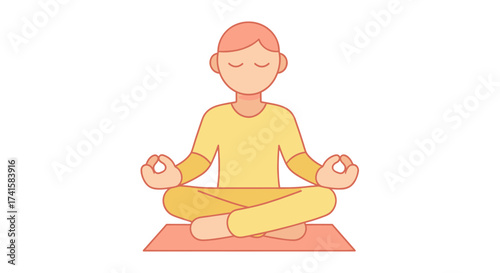 Vector person meditating in lotus position with closed eyes wearing yellow clothes sitting on pink mat artwork