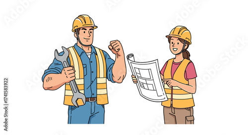 Dynamic construction team reviewing blueprints and holding tools on site, showing teamwork and expert planning for modern building projects and infrastructure