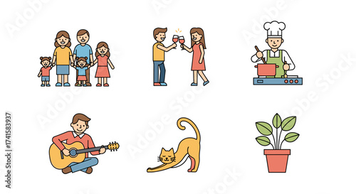 Celebrate family moments with cooking, music, and love including pets and plants for a warm home atmosphere with simple vector icons