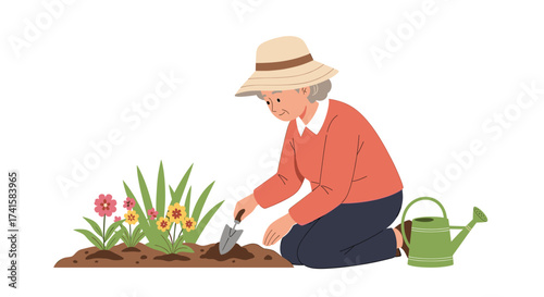 Happy elderly woman tending her garden with colorful flowers and watering can, enjoying the peaceful outdoors and healthy lifestyle