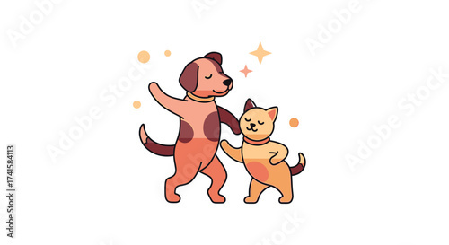 Adorable cartoon dog and cat dancing happily together under twinkling stars, radiating joy and friendship in a playful illustration perfect for kids