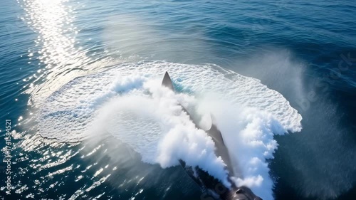 Majestic whale breaching and spraying water in the sunlit ocean, a powerful display of nature's grandeur.