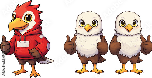 Cartoon bald eagle and red bird mascot illustration, hoodie character design, school spirit eagle, sports team mascot, competitive animal logo artwork