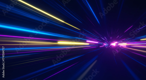 Modern abstract high speed lines. Dynamic motion light trails on dark blue background. Futuristic digital technology movement concept. Pattern for banner