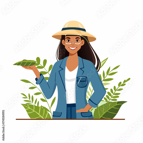 Woman botanist with leaves, nature portrait