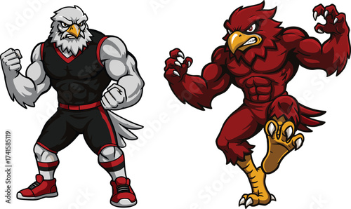 Cartoon eagle and hawk mascot illustration, muscular sports bird characters, aggressive animal logo design, competitive team spirit artwork, dynamic school mascot design