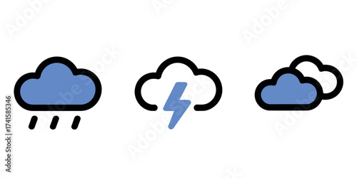 A set of three weather icons depicting rain lightning and cloudy conditions on a white background simple style , Illustraion