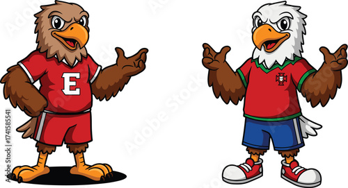 Cartoon eagle mascots in sports uniforms, athletic bird characters, school team illustration, friendly rivalry, pointing gesture, animated design, competitive sports birds