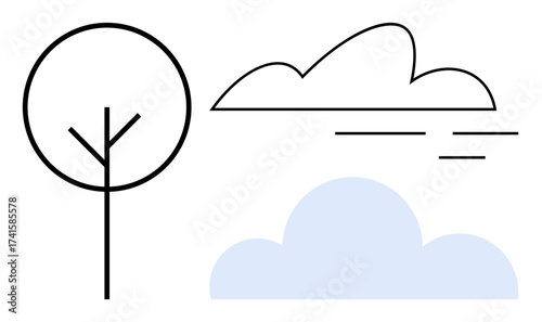 Stylized tree with two clouds in a minimalist design. Ideal for nature, simplicity, environment, ecology, growth, weather, peacefulness. A simple flat metaphor