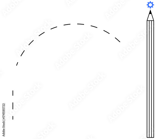 Pencil topped with gear and curved dashed arrow illustrating creativity, innovation, process, growth, design, success, problem-solving. Ideal for education, planning ideas strategy minimalism