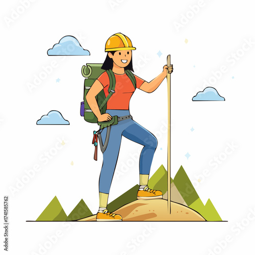 Female hiker on mountain peak with hiking stick