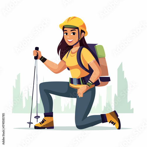 Female hiker kneeling with trekking poles in mountains