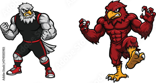 Cartoon hawk and cardinal mascot illustration, muscular sports bird characters, aggressive animal logo design, competitive eagle artwork, dynamic school team spirit design