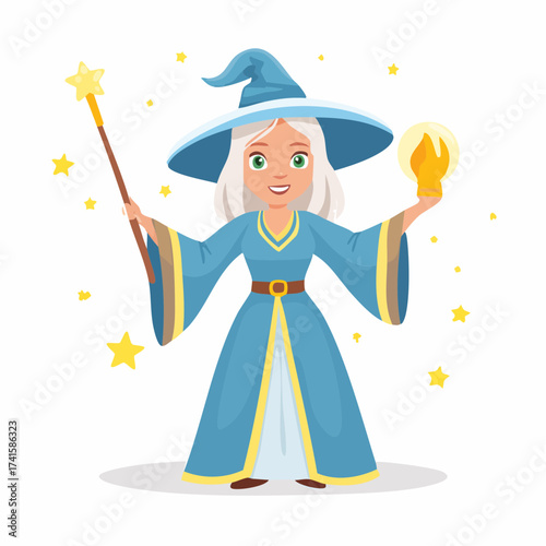 Friendly female wizard with wand and orb with transparent background