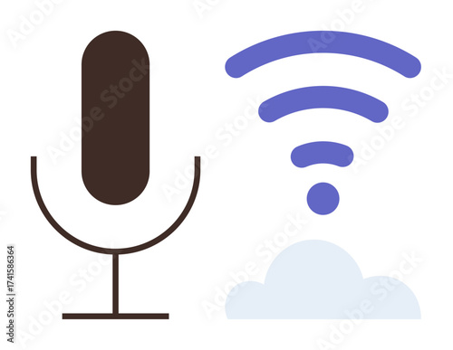 Microphone icon alongside wireless signal and cloud imagery symbolizing audio recording, streaming, or communication technology. Ideal for podcasting, cloud computing, technology, connectivity