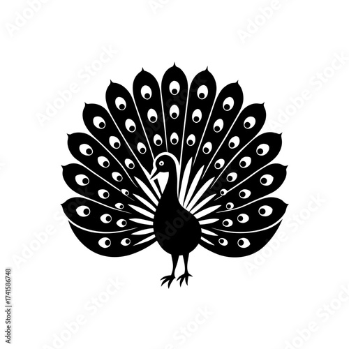 Silhouette of a peacock with open feathers on transparent background