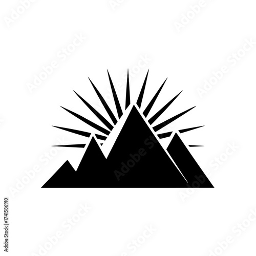 Black mountains with sun rays illustration on transparent background silhouette