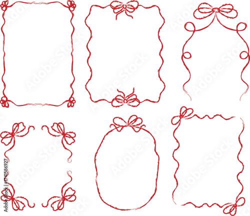 Hand-Drawn Ribbon Bow Frames Set – Red Curly Line Art Borders for Invitations, Gift Tags, Wedding and Holiday Cards