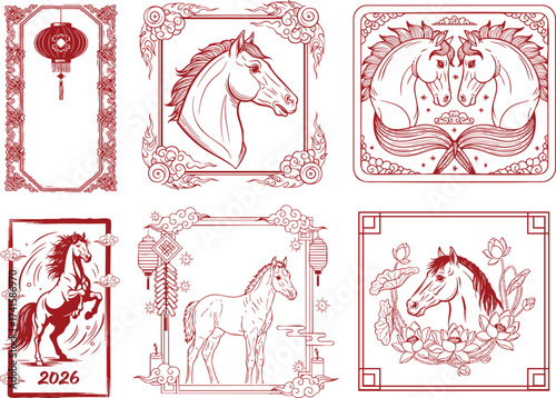 Chinese Zodiac Horse 2026 Red Line Art Frames – Lunar New Year Papercut Style Vector Set with Lanterns and Floral Borders