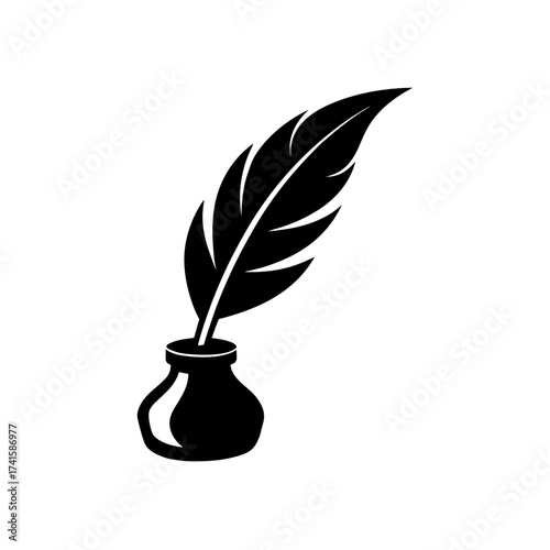 Black feather quill in an inkwell drawing on transparent background silhouette