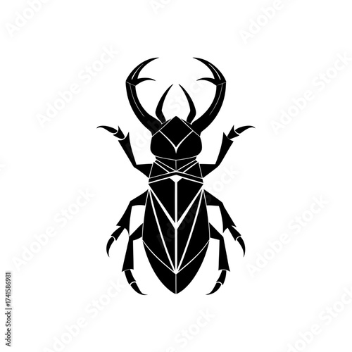 Stylized beetle with prominent mandibles on transparent background silhouette