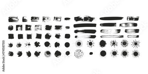 Collection of Black Ink Brush Strokes and Splatters