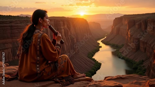 Serene moment as a woman plays flute overlooking a vast canyon at sunset.