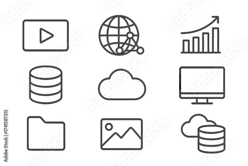 Big data line icon collection. Vector symbols for cloud computing, database storage, global network, and business analytics. Technology infographic elements for web and app design.