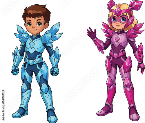 Cartoon superhero kids in crystal armor suits, boy heart emblem hero, girl pink masked protector, sci‑fi fantasy adventure mascot illustration