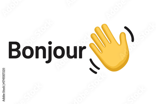 Bonjour text with waving hand emoji icon. French greeting for hello or welcome. Communication symbol. Hand gesture for hi. Vector illustration isolated on transparent background.