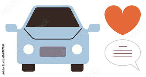 Blue car front view, red heart, speech bubble representing love, communication, and feedback in automotive. Ideal for automotive care, customer satisfaction, car reviews, communication relationship