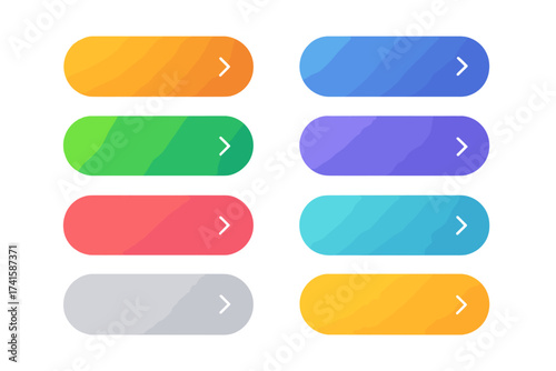Button vector set for web design. Colorful gradient buttons collection with arrows. UI UX element for website and app. Call to action modern blank button pack isolated.